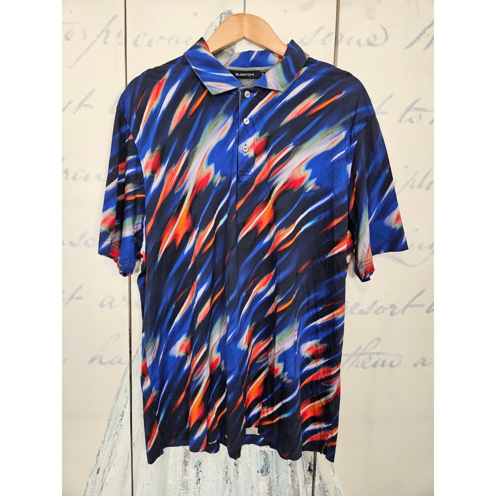 Bugatchi Polo‎ Shirt XXL Blue Multicolor Abstract Print Mercerized Cotton